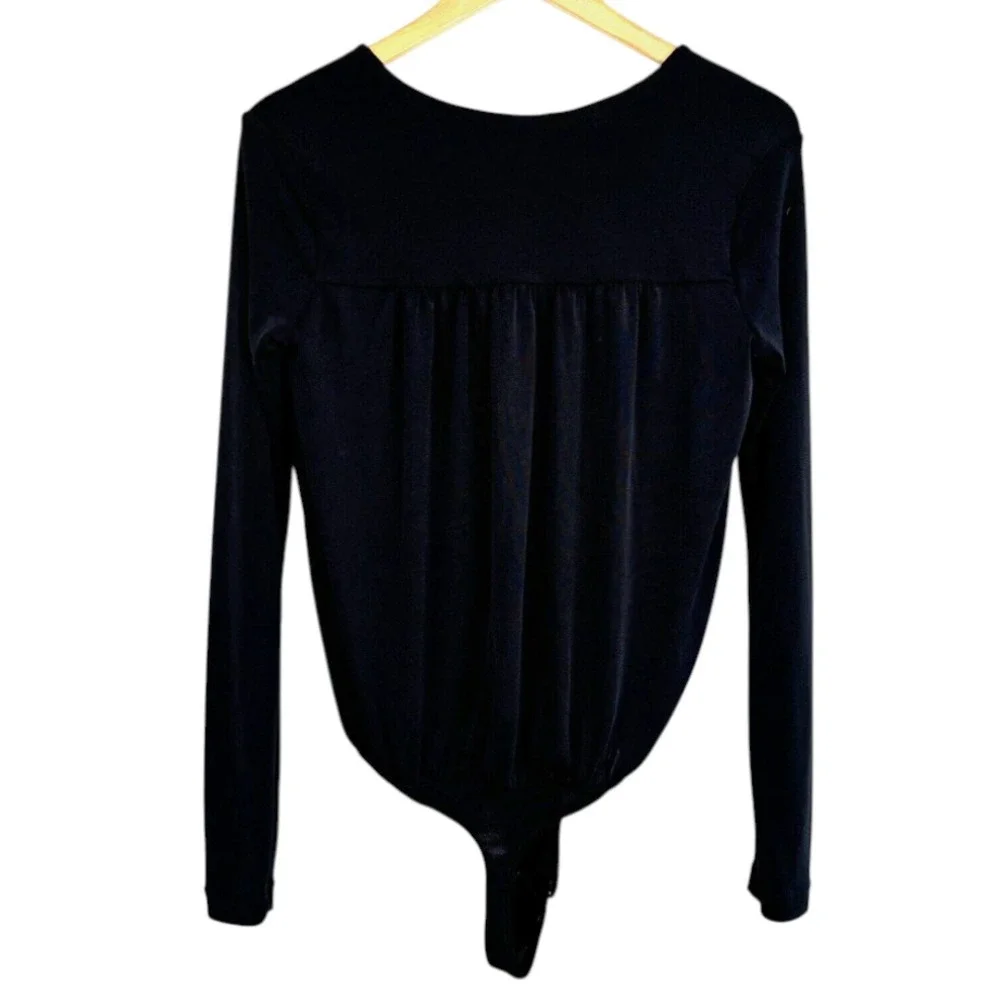 INTIMATELY FREE PEOPLE Black Thick Knit TURNT BODYSUIT TOP Deep V-Neck Thong S